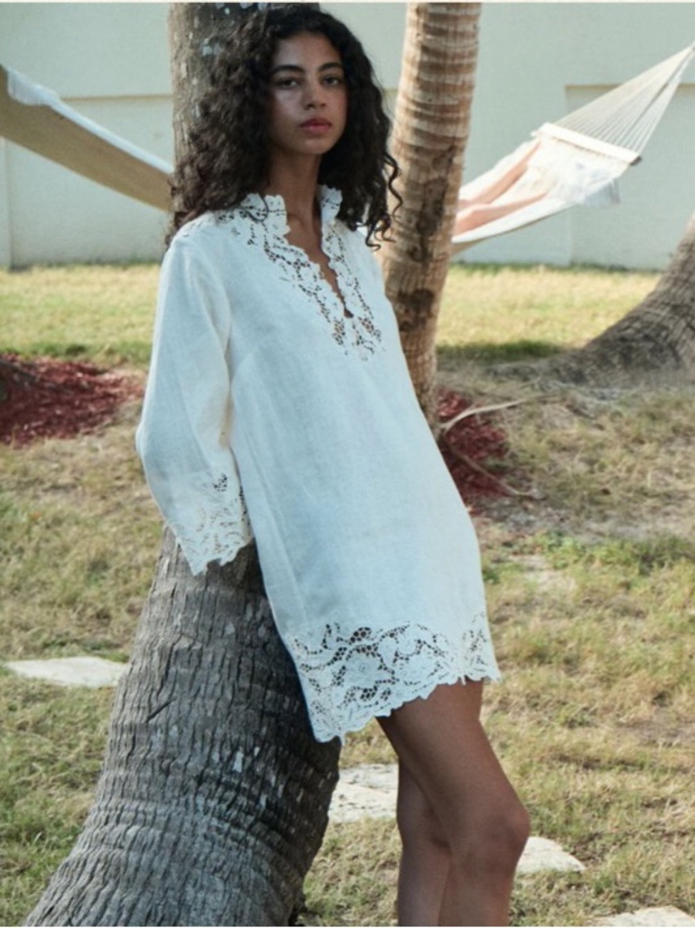 Doen Linen Dress White Lace Trim, XS